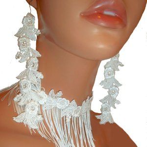 White Jewelry Set, White Lace Choker And Matching Lace Tassel Necklace